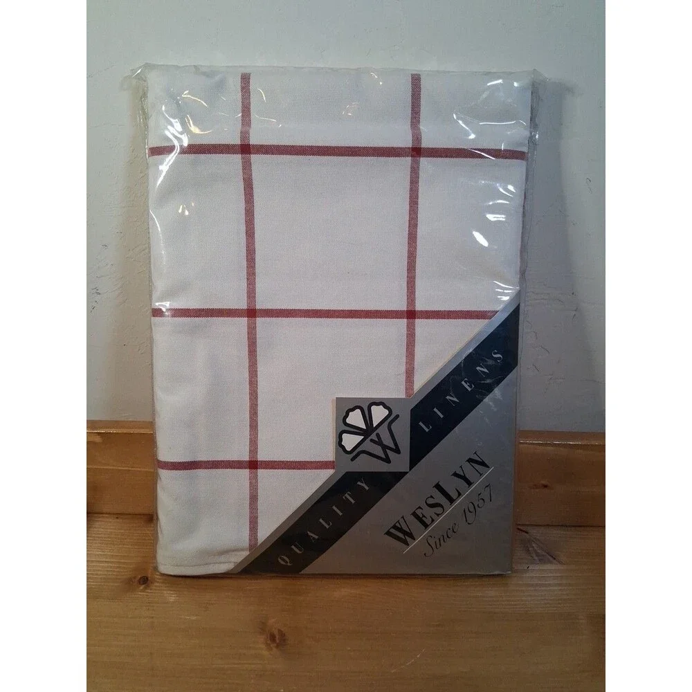 Vtg WesLyn 100% Cotton Tablecloth Red White French Windowpane 59x59